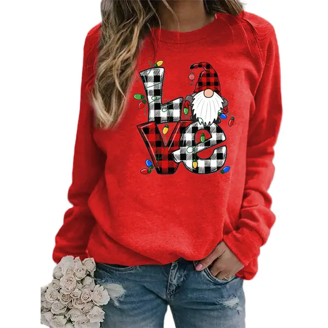 European And American Santa Claus Plaid Love Printed Round Neck Long Sleeve Sweater Coat Ladies Red - Shop at LoveMi