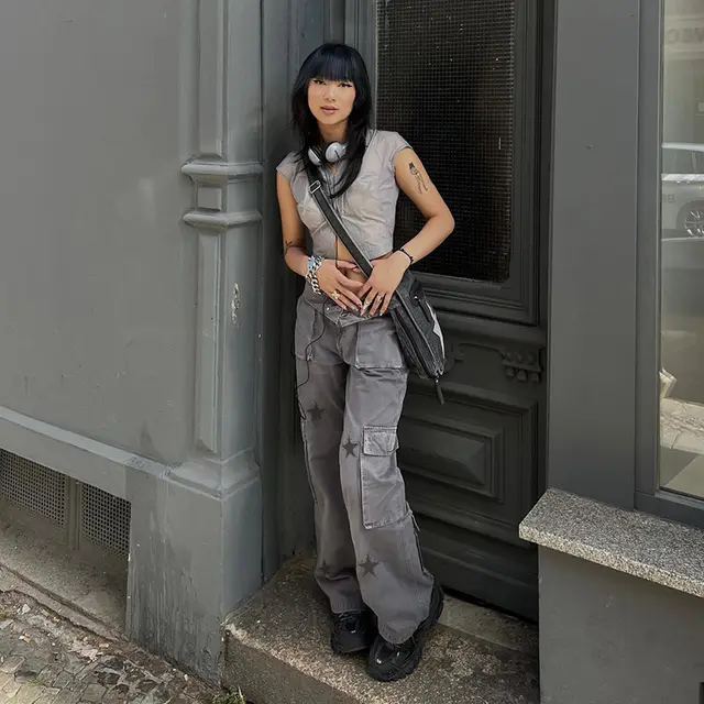 Street Retro Low Rise Denim Cargo Pants Grey - Shop at LoveMi
