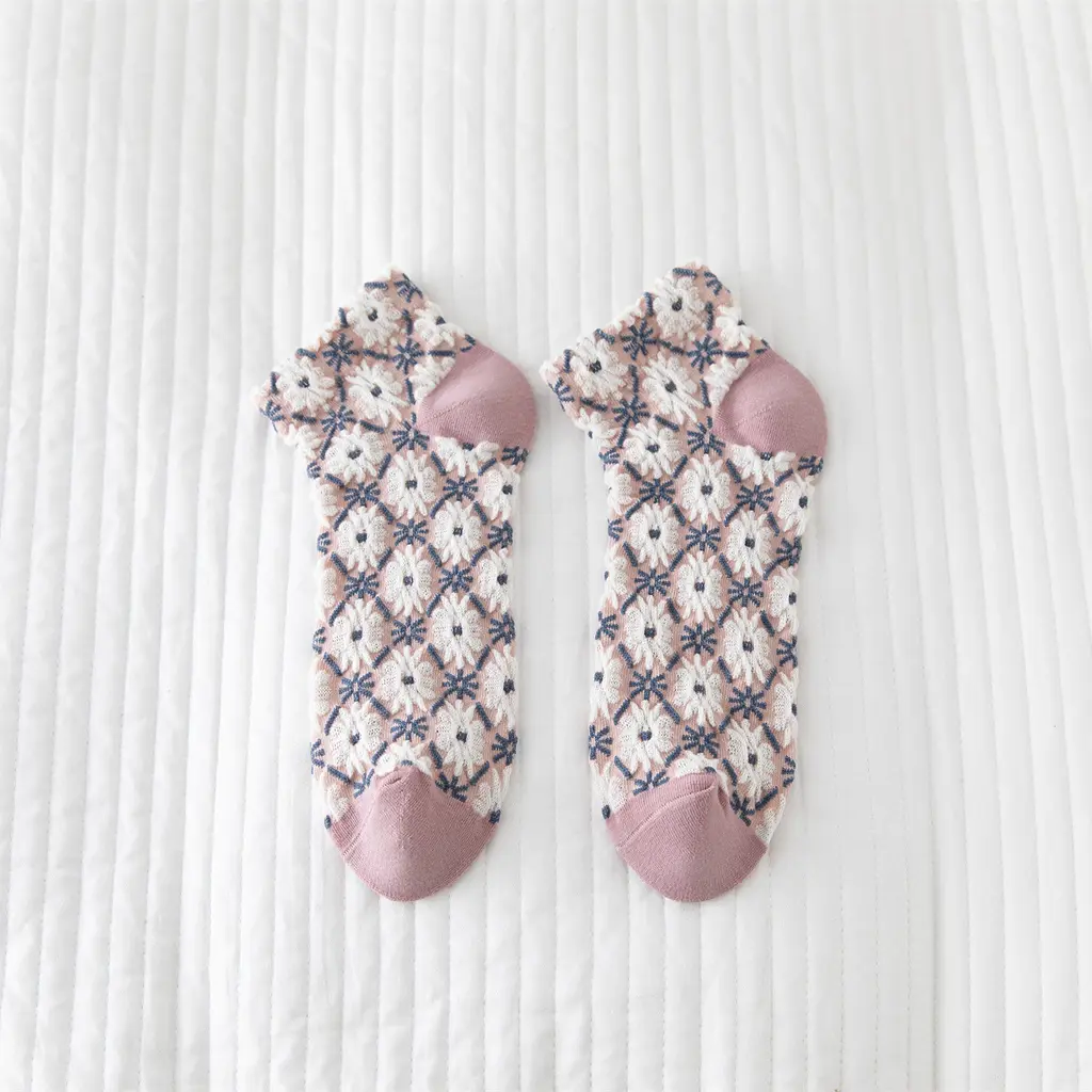 Vintage Style Flower Women's Boat Socks Cotton - Pink