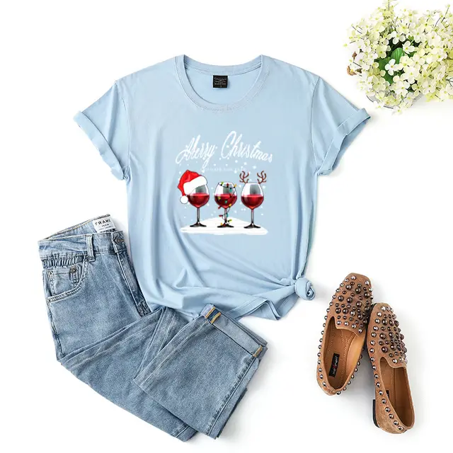 Women's Christmas Red Wine Glass Printed Short sleeved T shirt Top Light Blue - Shop at LoveMi