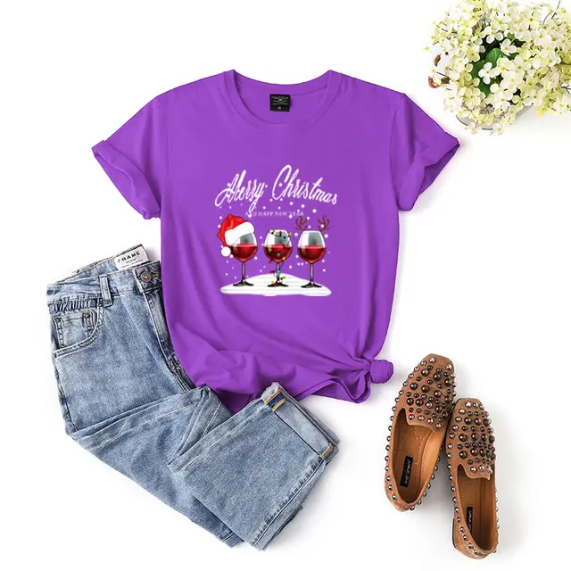 Women's Christmas Red Wine Glass Printed Short sleeved T shirt Top Purple - Shop at LoveMi