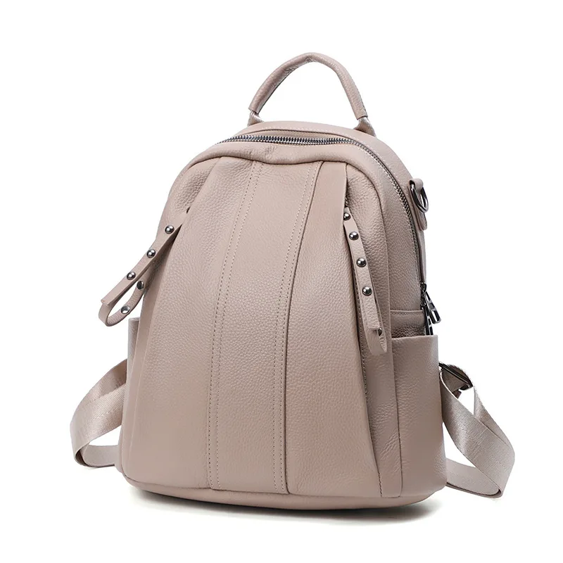 Multifunctional Cowhide Women's Backpack Large Capacity Shoulder Bag Milk Tea - Shop at LoveMi