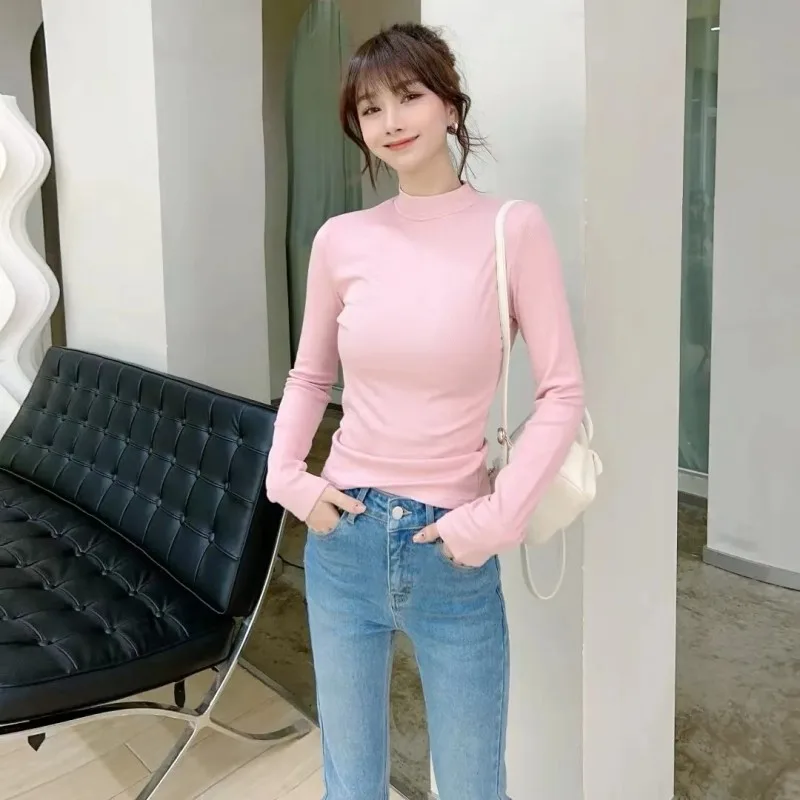 Stand Collar Slim Long Sleeve With Sanding And Cashmere T-shirt Inside - Maiden Powder - View 1
