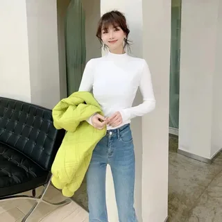 Stand Collar Slim Long Sleeve With Sanding And Cashmere T-shirt Inside - White