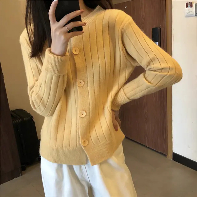 Single breasted Knitted Sweater Cardigan Coat Yellow - Shop at LoveMi