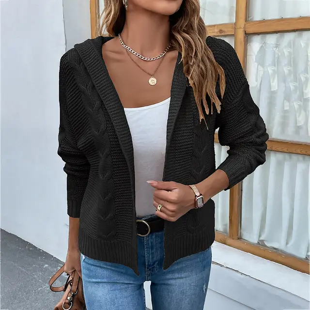 Women's Knitwear Solid Color Hooded Cable knit Sweater Women's Cardigan Jacket Black - Shop at LoveMi