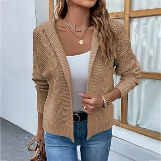 Women's Knitwear Solid Color Hooded Cable-knit Sweater Women's Cardigan Jacket - Khaki