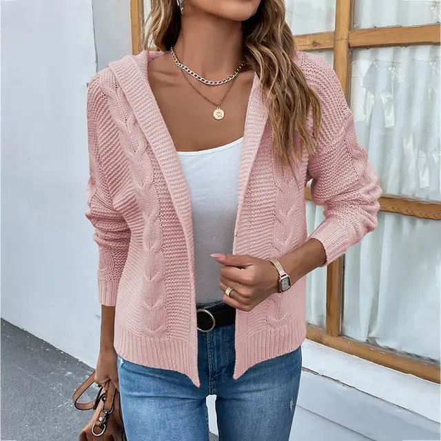 Women's Knitwear Solid Color Hooded Cable knit Sweater Women's Cardigan Jacket Pink Color - Shop at LoveMi