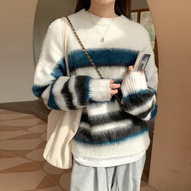 Contrast Color Loose Pullover Coat Tide Blue - Shop at LoveMi