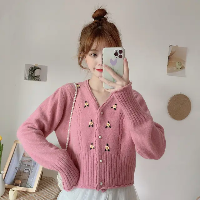 Wear A V neck Long sleeved Short Early Autumn Coat Pink - Shop at LoveMi