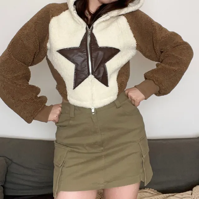 Hooded Star Patch Lamb Wool Coat Khaki - Shop at LoveMi
