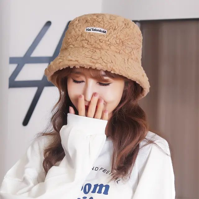 Lamb Hair Letter Embroidered Fisherman Hat Coffee - Shop at LoveMi