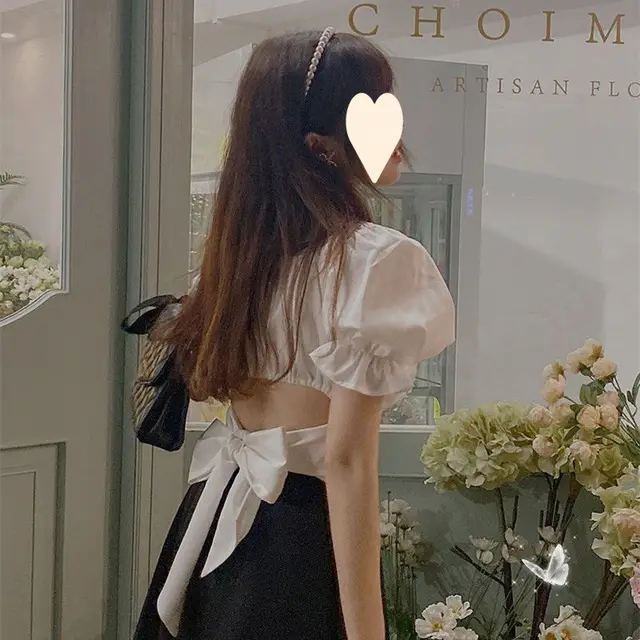 Puff Sleeve Bow Tie French Short Top Women White Short Sleeve - Shop at LoveMi