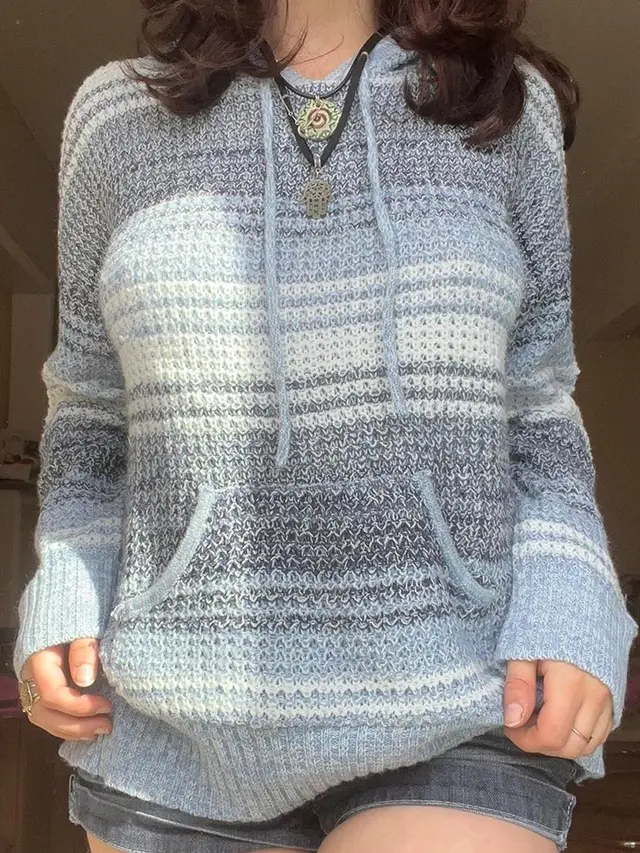 European And American Women's New Hooded Stripe Casual Knitwear Grey Blue Stripe - Shop at LoveMi