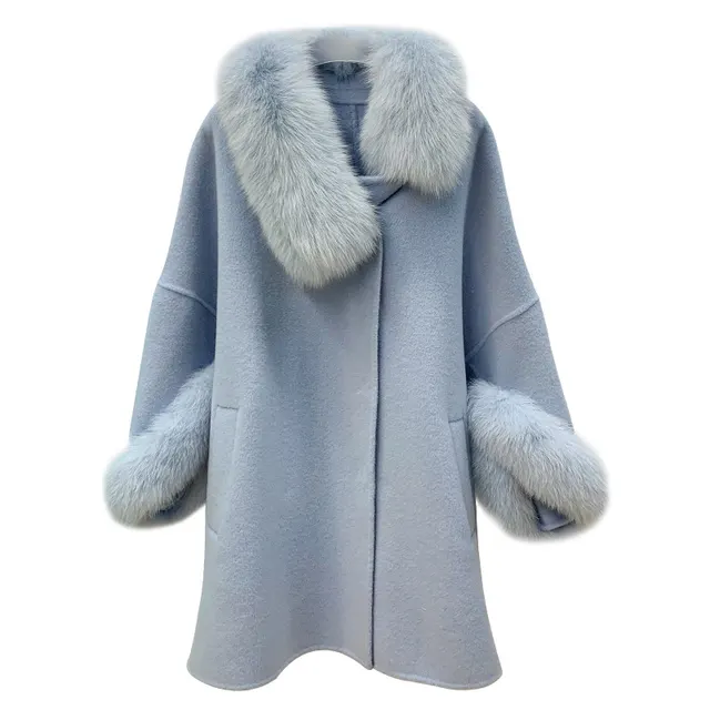 Cloak Double sided Tweed Long Coat Fairy Baby Blue - Shop at LoveMi