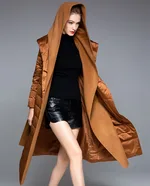 Women's Medium Long Lace Up Patchwork Hooded Down Jacket - Caramel