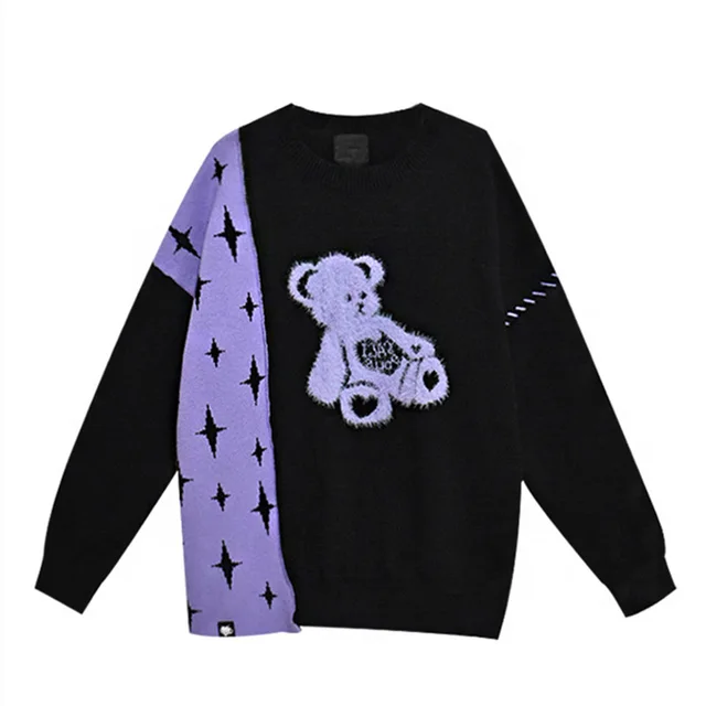 Fashion Purple Jacquard Bear Sweater Girl Black - Shop at LoveMi