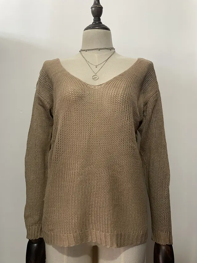 Women's Casual V neck Slim Knit Sweater Khaki - Shop at LoveMi