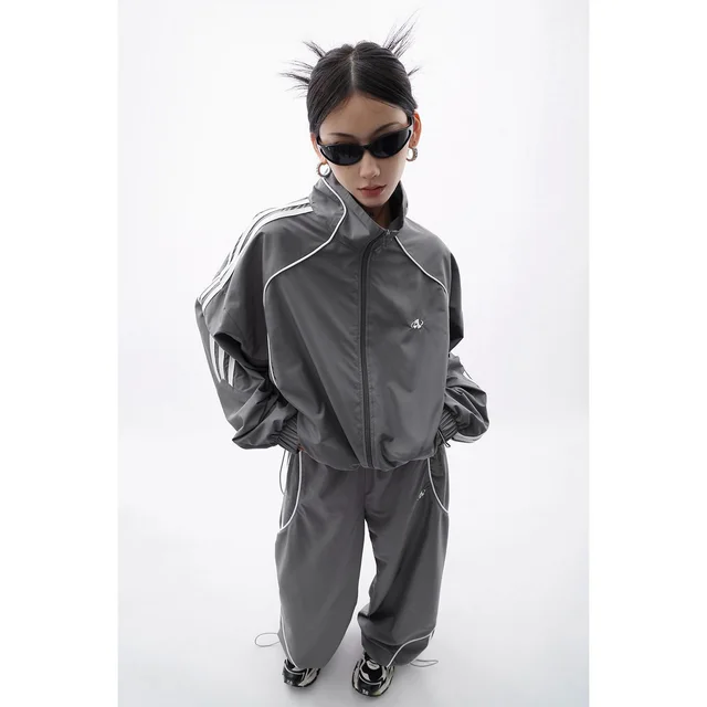 High grade Fashion And Handsome Outdoor Jacket Coat Wide leg Trousers 2 piece Set For Women Cement Gray Coat - Shop at LoveMi