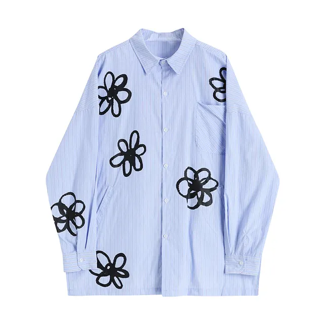 Floral Hand painted Printed Shirt Stripe Blue - Shop at LoveMi