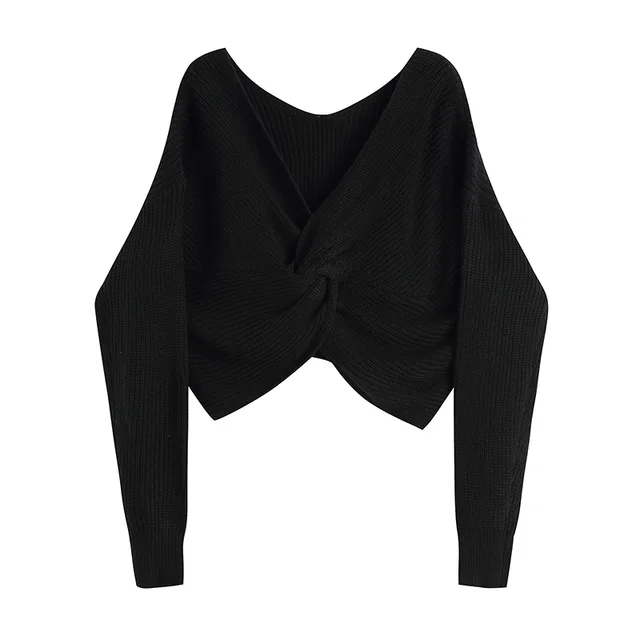 V Neck Long Sleeve Sweater Women's Front And Back Knitwear Black - Shop at LoveMi