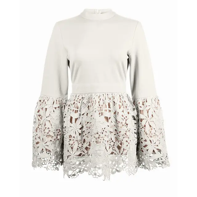 European And American Fashion Plus Size Bell Sleeve Lace Shirt Patchwork Stand up Collar Short Top For Women White - Shop at LoveMi