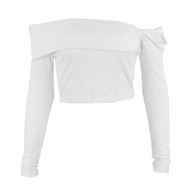 Slotted Collar Splice Super Short Long Sleeve Top Women's Wear White - Shop at LoveMi