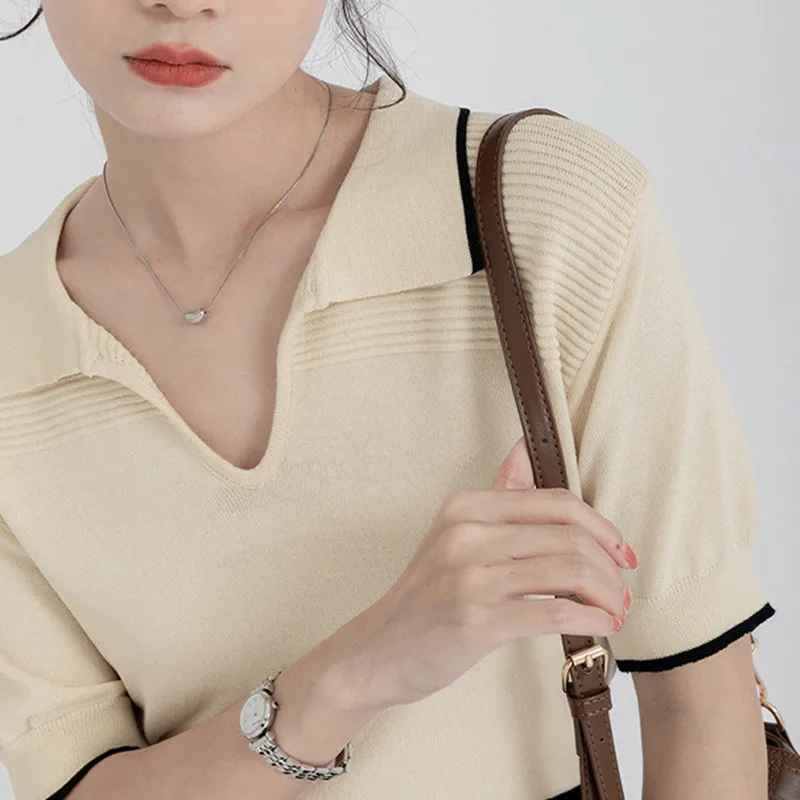 Polo Collar College Style Ice Silk Knitted Short Sleeved T-shirt Women - Apricot