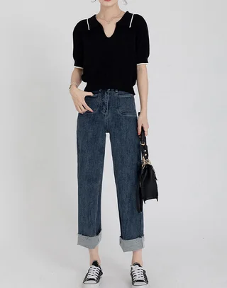 Polo Collar College Style Ice Silk Knitted Short Sleeved T-shirt Women - Black