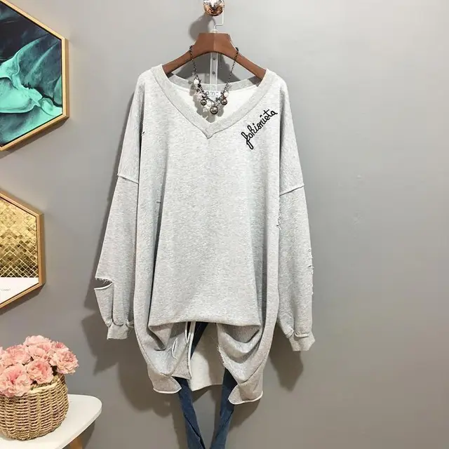 Korean Version Of Female Spring And Autumn Long Ripped Jacket Grey - Shop at LoveMi