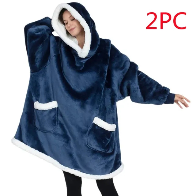 Lazy Pullover Pajamas Women's Thermal Clothes Lambswool TV Blanket Hug Hoodie TV Cold Protective Clothing Dark Blue 2Pc - Shop at LoveMi