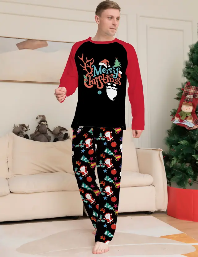 Cartoon Printed Round Neck Long Sleeve Holiday Pajamas Parent child Suit Black Red - Shop at LoveMi