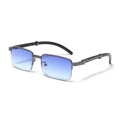 Men's Square Metal Fashion Wood Grain Leg Sunglasses Gradient Blue - Shop at LoveMi