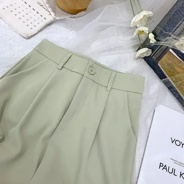 Sagging High Waist Ice Silk Broad Leg Pants For Women Green Short - Shop at LoveMi