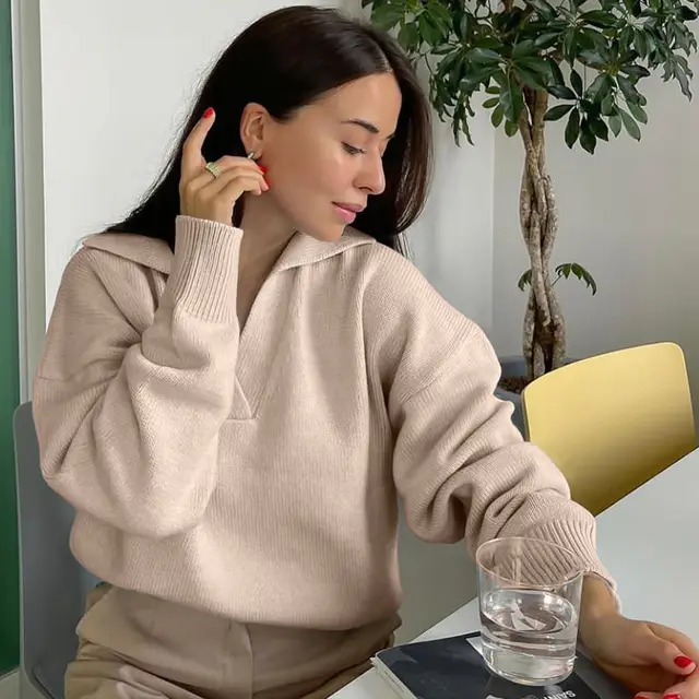 Women's Knit Polo Neck Pullover Solid Color Sweater Khaki - Shop at LoveMi