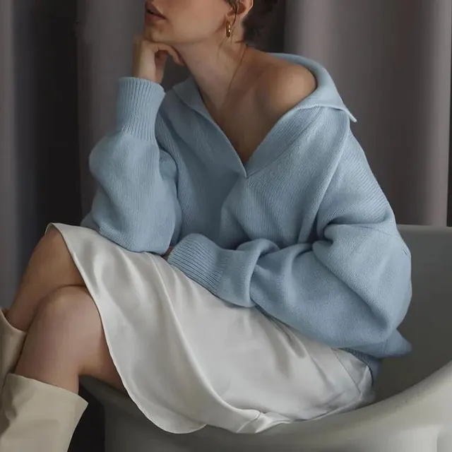 Women's Knit Polo Neck Pullover Solid Color Sweater Sky Blue - Shop at LoveMi