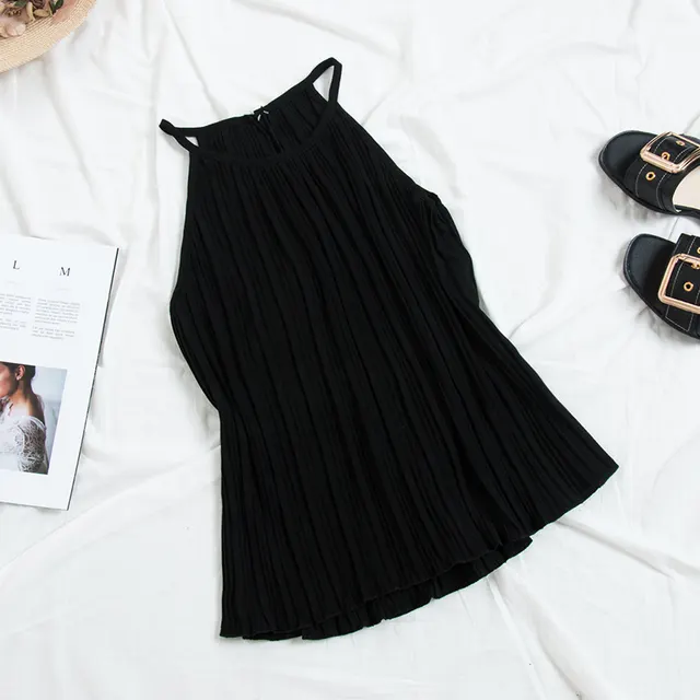 Vintage Pleated Chiffon Halter Spaghetti Straps Vest Female Elegance Sleeveless Bottoming Shirt Top Student Black - Shop at LoveMi