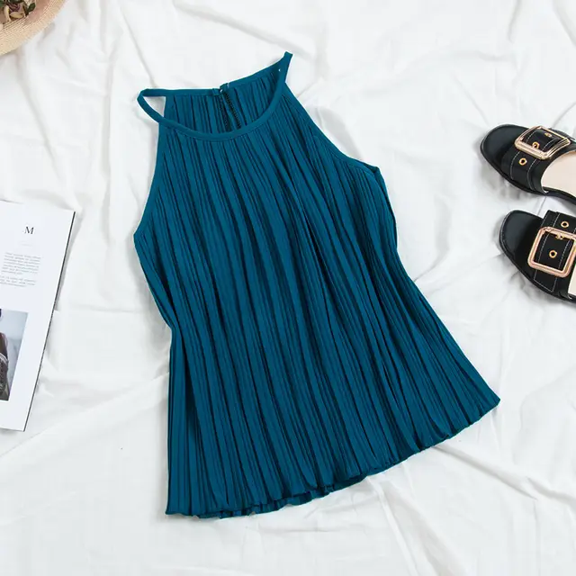 Vintage Pleated Chiffon Halter Spaghetti Straps Vest Female Elegance Sleeveless Bottoming Shirt Top Student Blue - Shop at LoveMi