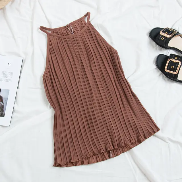 Vintage Pleated Chiffon Halter Spaghetti Straps Vest Female Elegance Sleeveless Bottoming Shirt Top Student Khaki - Shop at LoveMi
