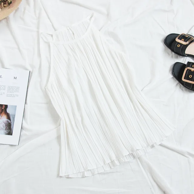 Vintage Pleated Chiffon Halter Spaghetti Straps Vest Female Elegance Sleeveless Bottoming Shirt Top Student White - Shop at LoveMi
