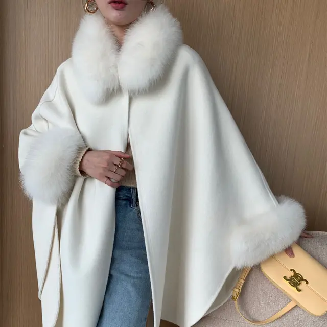 Cape Fox Fur Collar Cashmere Wavy Coat White - Shop at LoveMi