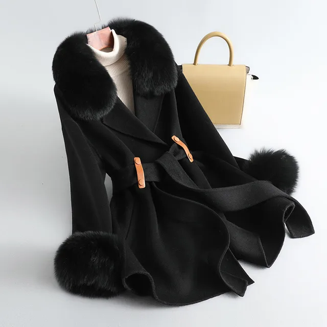 Women's Fox Fur Collar High Rui Double sided Cashmere Coat Black - Shop at LoveMi