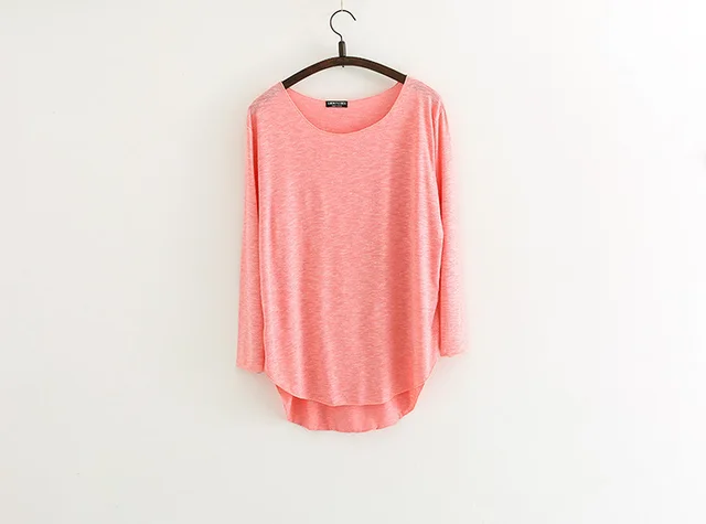 Korean style Loose Large Size Modal Slub Cotton Long sleeved T shirt Female Student Front Short Back Long Bottoming Shirt Melon Red - Shop at LoveMi