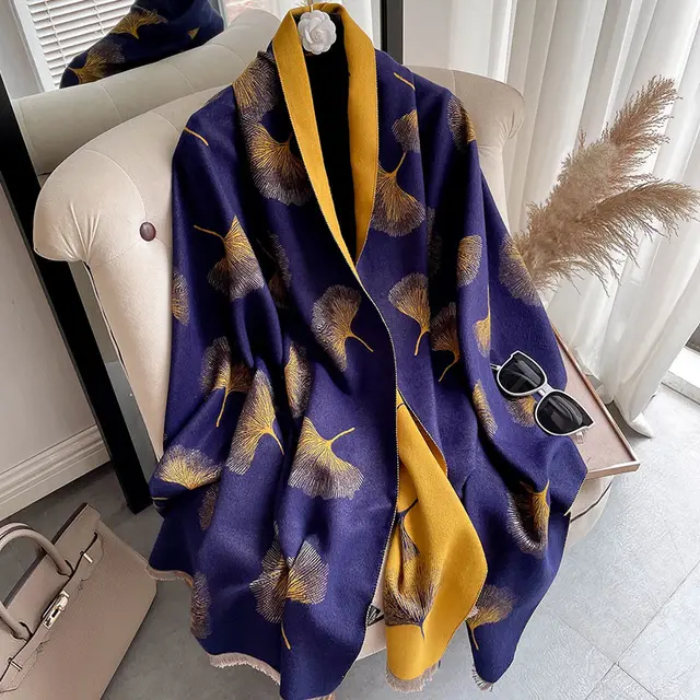 Women's Warm Scarf Shawl With Imitatal Cashmere Tassels Pine Beards Blue - Shop at LoveMi