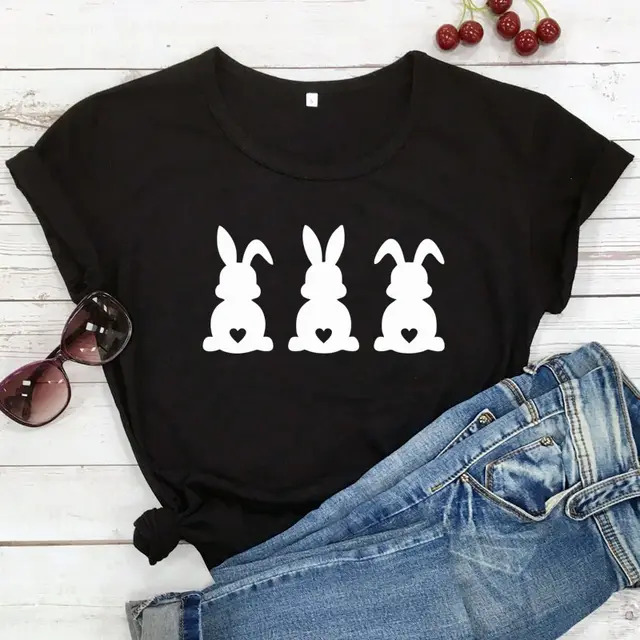 Women's Fashion Easter Rabbit Printed Short sleeved T shirt Black - Shop at LoveMi