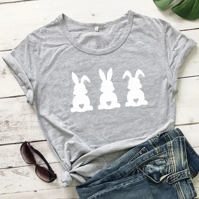 Women's Fashion Easter Rabbit Printed Short sleeved T shirt Gray - Shop at LoveMi