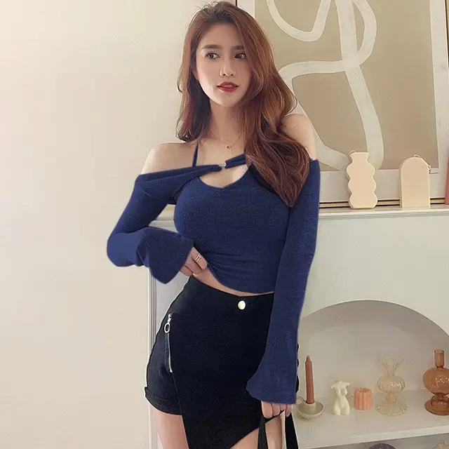 Solid Color Long Sleeve Two piece Halter Top Dark Blue - Shop at LoveMi