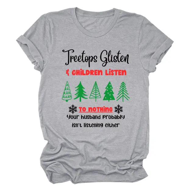 Christmas Print Casual Short Sleeve T Shirt Light Grey Black Color - Shop at LoveMi