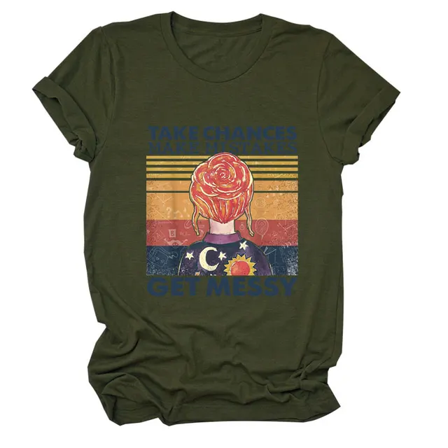 Women's Letter Printing Casual Loose Short Sleeve T shirt Military Green - Shop at LoveMi