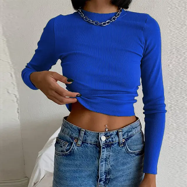Fashion Navel exposed Tight European And American Long sleeved Blouse In Spring Blue - Shop at LoveMi
